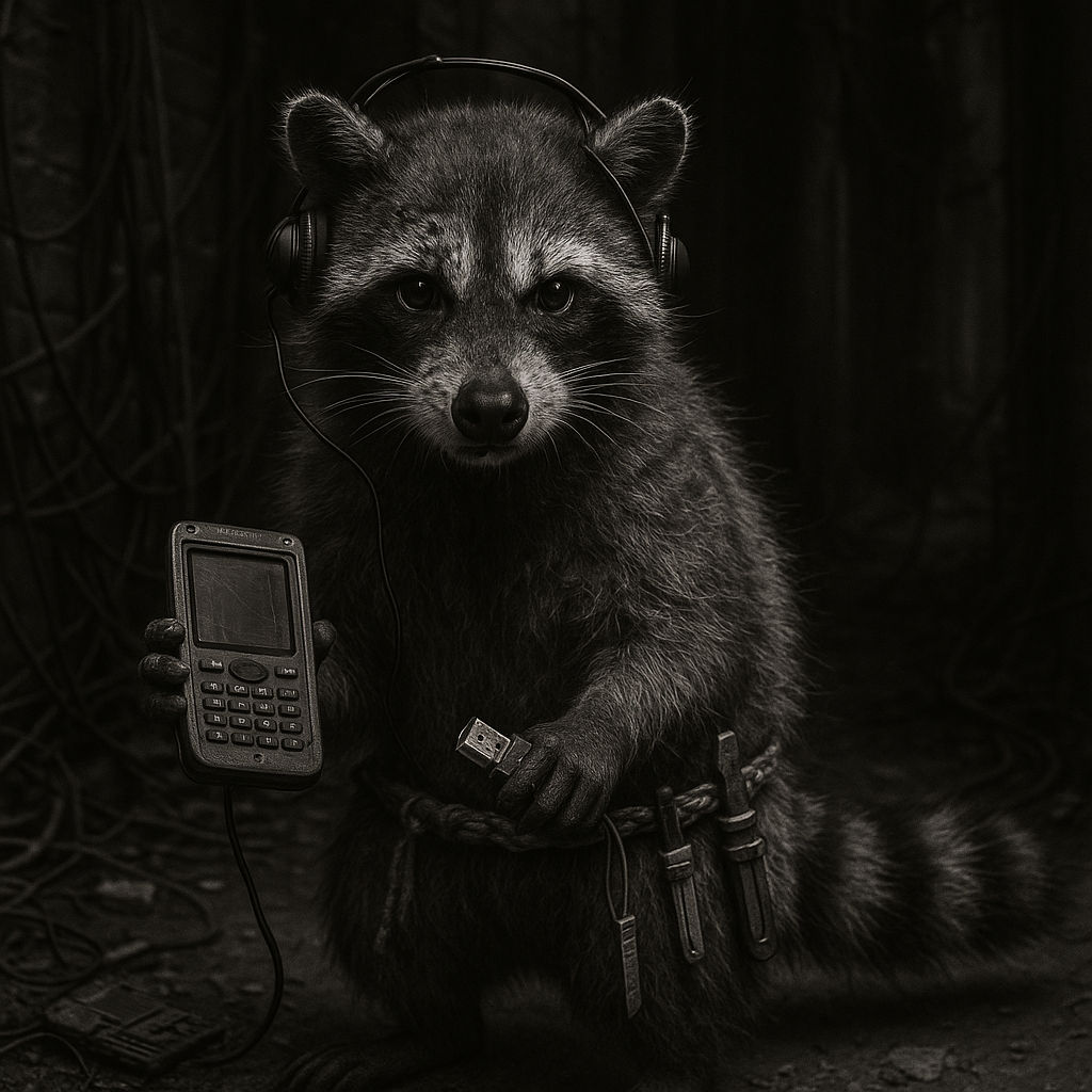 an AI image of a raccoon with scratches and scars on their face. they have a pair of headphones on thier ears and are holding some electronics and tools.