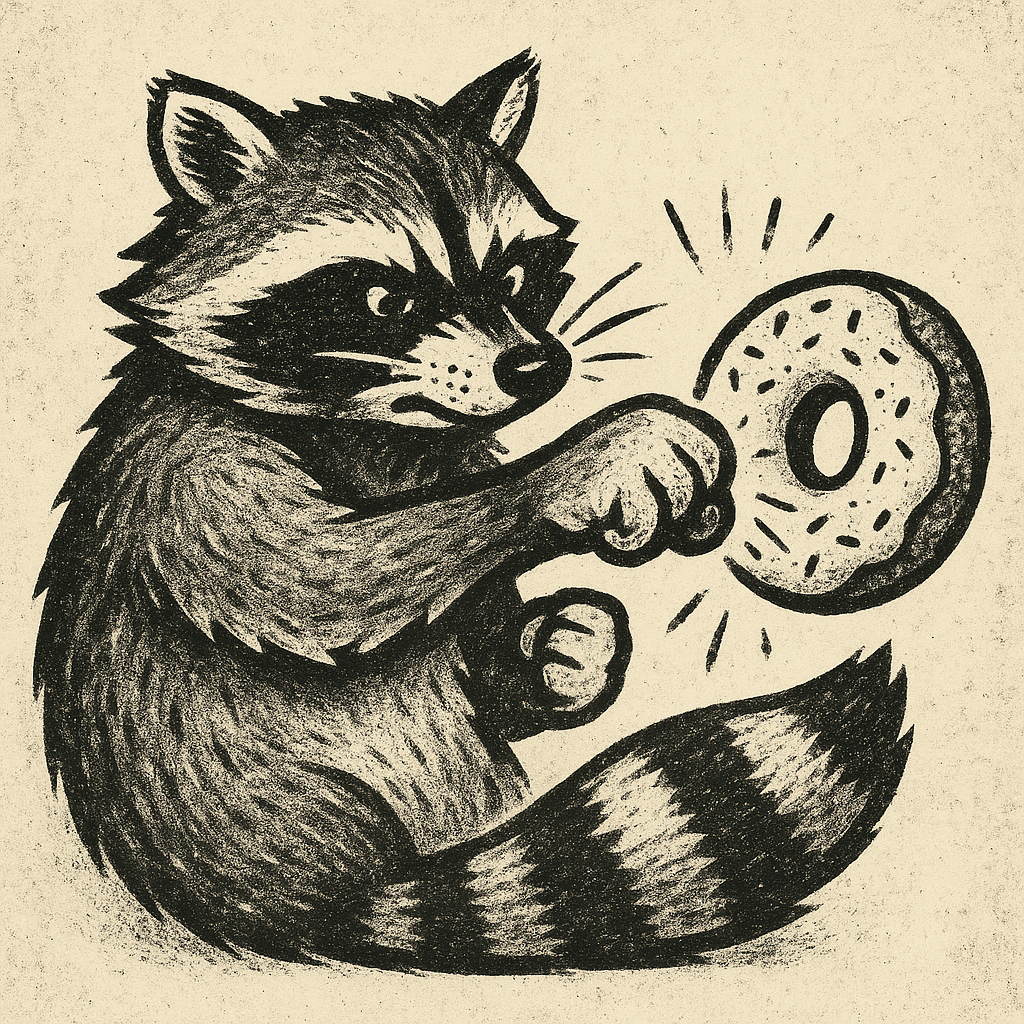 an AI generated lithograph of a raccoon punching a doughnut